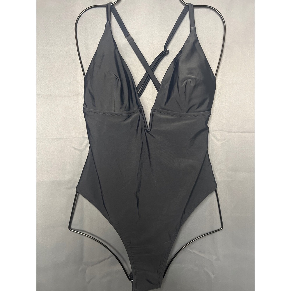 Cupshe Womens Black Deep V Neck Crisscross Back One Piece Swimsuit Size L NEW